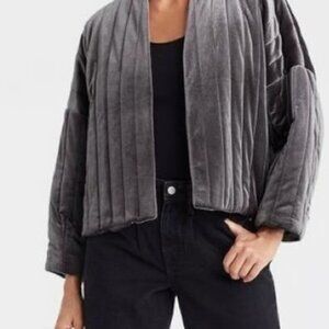 A New Day Gray Velvet Velour Puffer Jacket Size OS Open Draped Lined